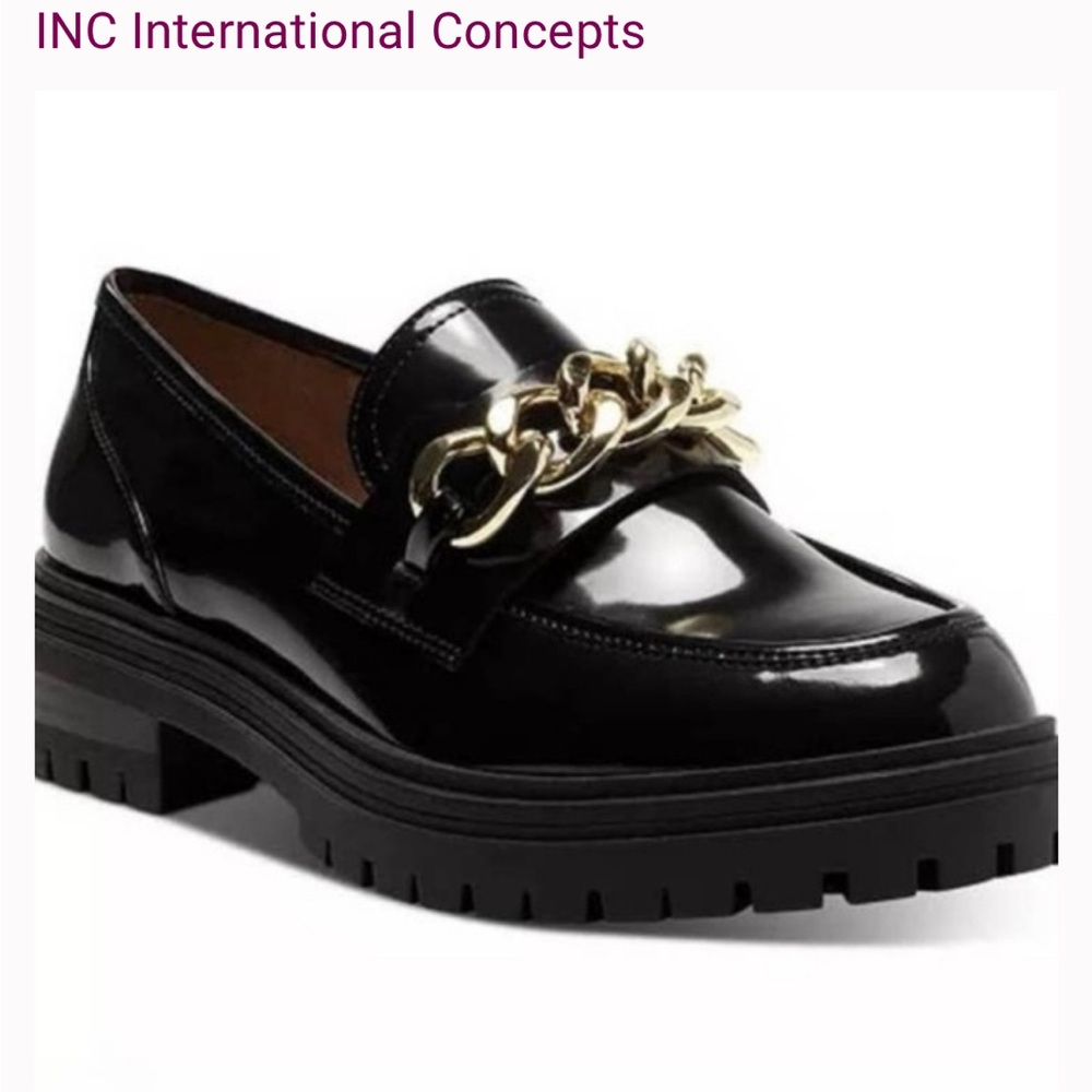 #B29.  INC International Concepts Glossy Black Loafers with Bold Gold Chain